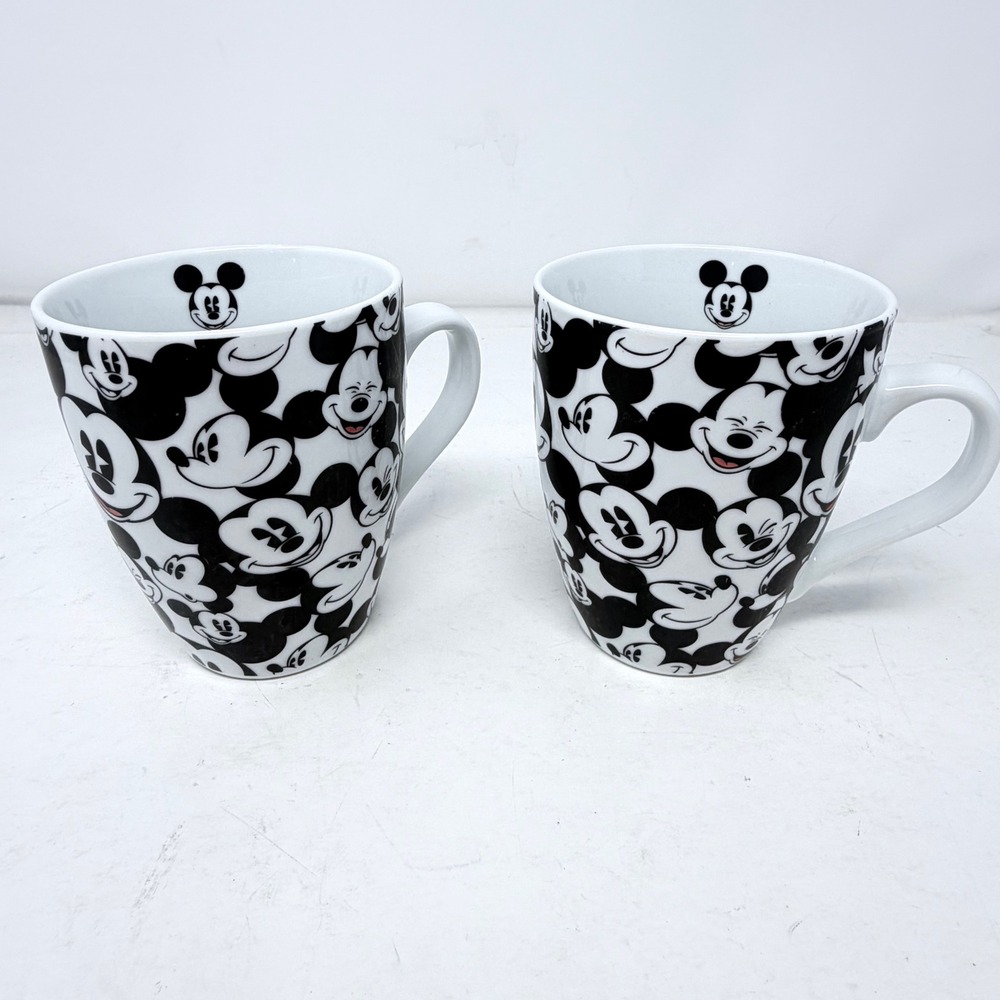 Disney Mickey Mouse All Over Face Ceramic Coffee Mug Set of 2 Black‎ White 14oz